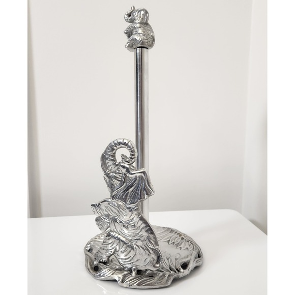 Arthur Court Elephant Paper Towel Holder Silver Aluminum Safari Palm Leaf Decor